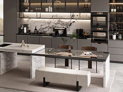 Modern Dining Table Set With Marble Tabletop Wooden Chairs And Bench In Modern Kitchen Interior 3d model