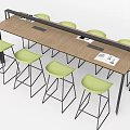 Modern Long Wooden Table with Metal Frame and Light Green Stools Set 3d model