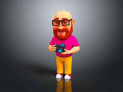 Cartoon Male Character With Bald Head Red Beard Wearing Pink Shirt Holding Black Camera 3d model