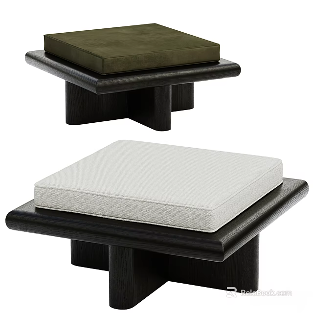 Two Modern Square Stools With Black Frame And Green White Cushions 3d model