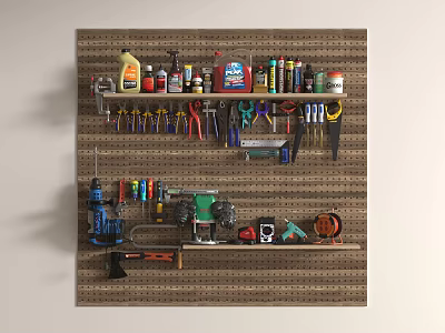 Wall Mounted Pegboard Shelf With Organized Tools Bottles And Power Tools Storage 3d model