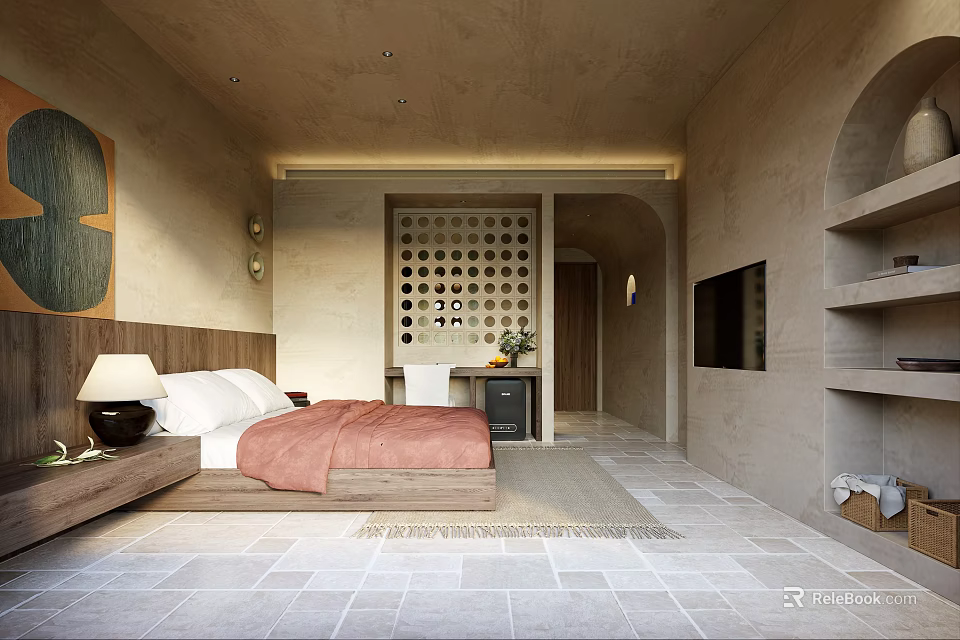 Minimalist Neutral Toned Hotel Room Interior With Bed Pink Blanket Decorative Painting And Perforated Partition 3d model 