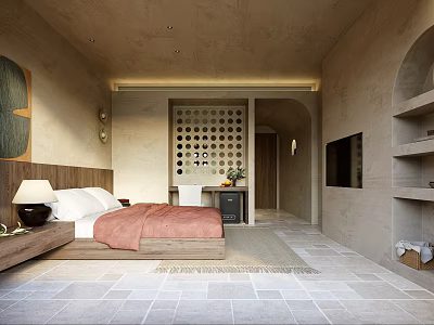 Minimalist Neutral Toned Hotel Room Interior With Bed Pink Blanket Decorative Painting And Perforated Partition 3d model