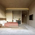 Minimalist Neutral Toned Hotel Room Interior With Bed Pink Blanket Decorative Painting And Perforated Partition