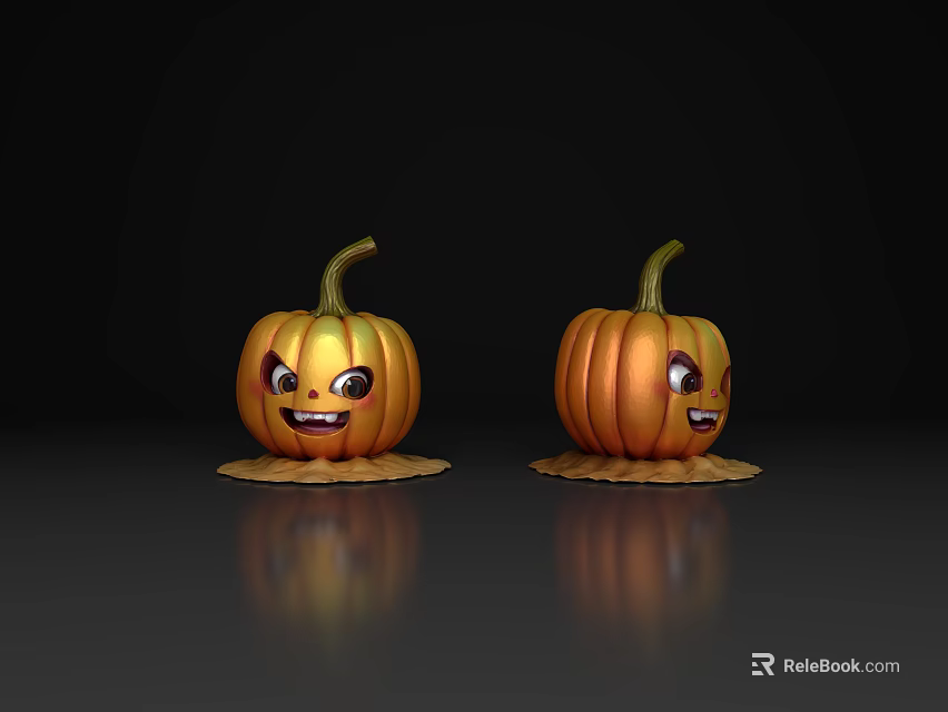 Two Pumpkins With Smiling Faces On Black Background And Leaf Bases With Reflections 3d model 