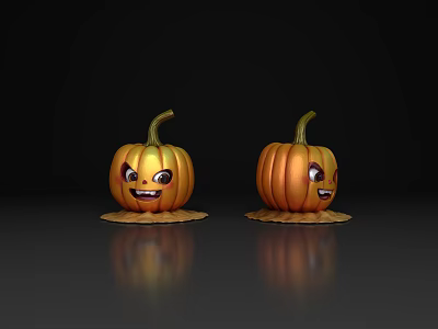 Two Pumpkins With Smiling Faces On Black Background And Leaf Bases With Reflections 3d model