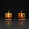 Two Pumpkins With Smiling Faces On Black Background And Leaf Bases With Reflections
