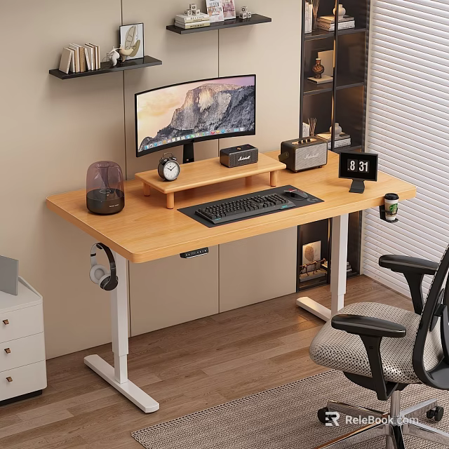 Wooden Office Desk With Computer Monitor Clock Keyboard Headphones And Black Office Chair Near Bookshelf 3d model 