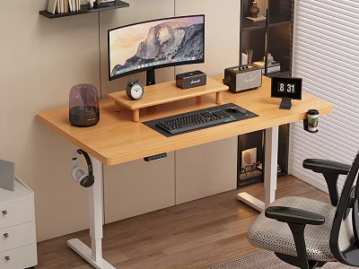 Wooden Office Desk With Computer Monitor Clock Keyboard Headphones And Black Office Chair Near Bookshelf 3d model