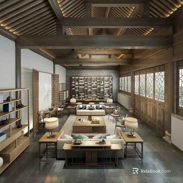 Chinese Style Reception Room Interior Design With Wooden Structure Bookshelves Sofas And Coffee Tables 3d model 