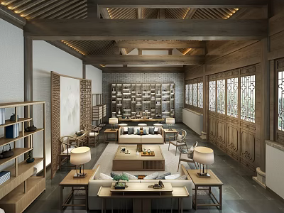 Chinese Style Reception Room Interior Design With Wooden Structure Bookshelves Sofas And Coffee Tables 3d model