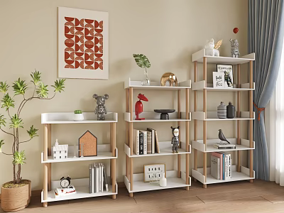 White Wooden Shelving Units with Books Decorative Items and Green Plants in Living Room 3d model