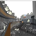 Modern Commercial Street With Pedestrians Shops Greenery Outdoor Fountains And Umbrellas