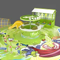 Green Themed Play Area Featuring Slide Round Pavilion Ramen Bowls And Cartoon Decorations