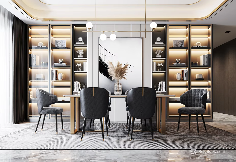 Elegant Modern Dining Table Set With Black Chairs And Display Cabinets With Decorative Items 3d model