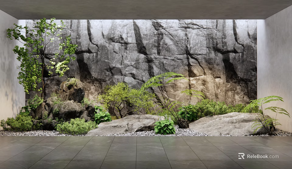 Indoor Landscape Featuring Natural Rock Wall Lush Green Plants And Decorative Stones 3d model 