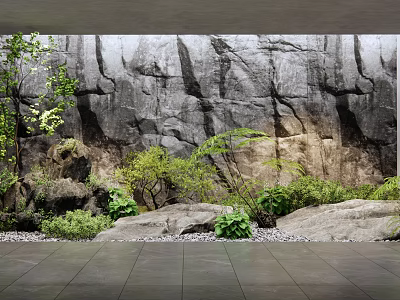 Indoor Landscape Featuring Natural Rock Wall Lush Green Plants And Decorative Stones 3d model