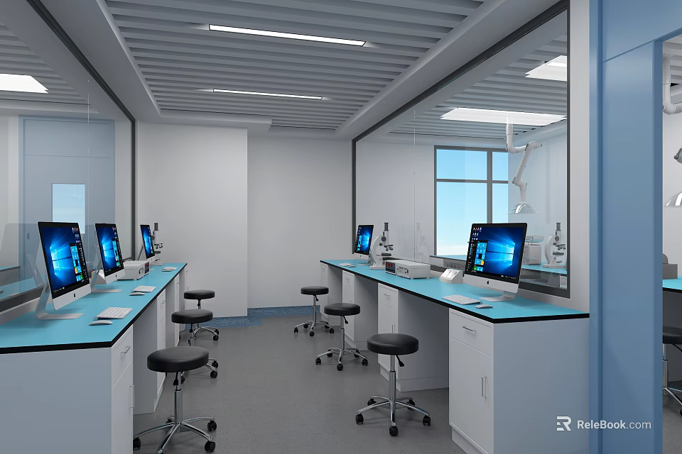 Modern Laboratory Interior With Blue Benches Computers Stools And Bright Windows 3d model 