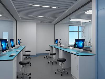 Modern Laboratory Interior With Blue Benches Computers Stools And Bright Windows 3d model