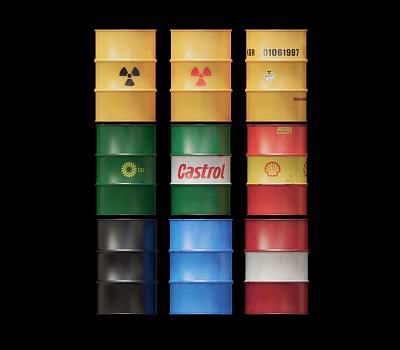 Industrial Equipment Featuring Various Colored Oil Barrels with Brand Logos and Radioactive Symbols 3d model