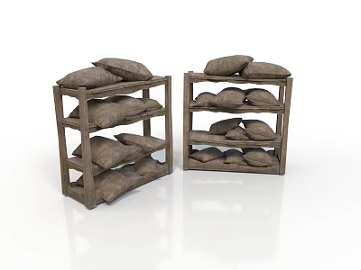 Rustic Wooden Storage Furniture Shelves With Multiple Tiers And Brown Bags 3d model