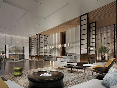 Modern Hotel Lobby Interior Design With Wooden Screens Chandeliers Sofas And Coffee Tables 3d model