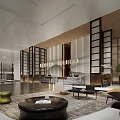 Modern Hotel Lobby Interior Design With Wooden Screens Chandeliers Sofas And Coffee Tables