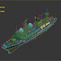 Military Warship With Green Deck And Radar Domes 3d model