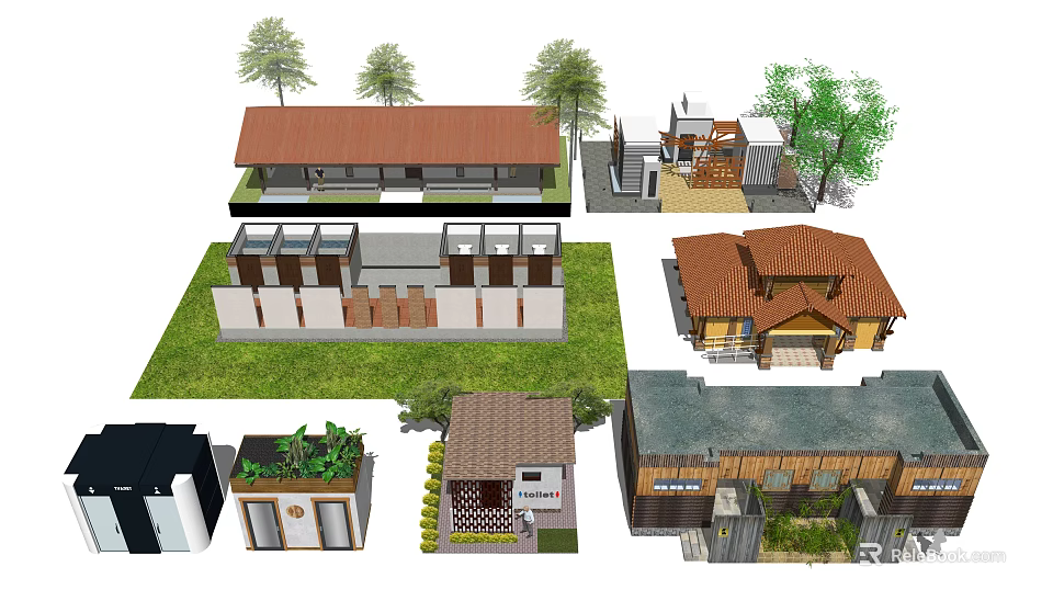 Multiple House Designs With Different Roof Styles And Garden Elements 3d model