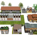 Multiple House Designs With Different Roof Styles And Garden Elements 3d model