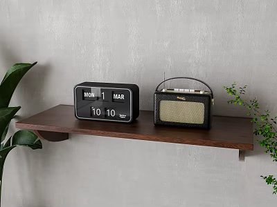 Digital Clock And Vintage Radio On Wooden Shelf Showing MON 10 With Green Plants 3d model