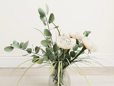 Transparent Glass Vase With White Roses Green Eucalyptus Leaves And Decorative Grass 3d model