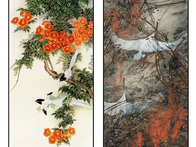 Traditional Chinese Artworks Featuring Orange Flowers Green Leaves Black Birds White Birds And Colorful Backgrounds 3d model