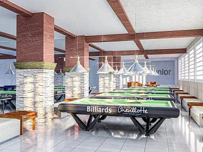 Modern Billiard Room With Pool Tables Seating And Pendant Lights 3d model