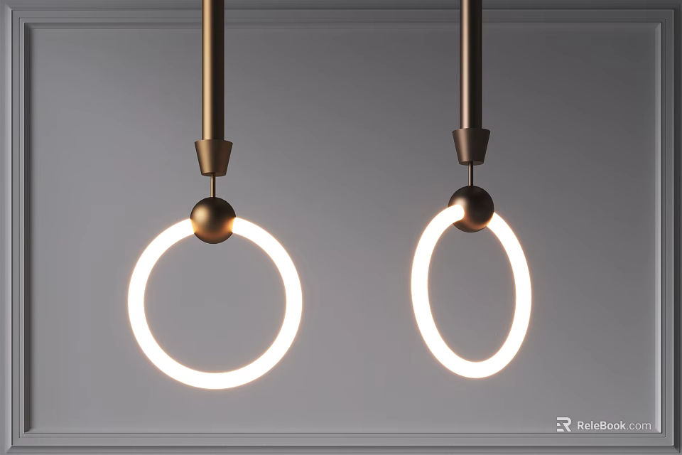 Two Modern Minimalist Pendant Lights With Ring Shaped LED Glow And Metal Rods 3d model 