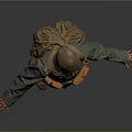 Military Figure In Green Uniform Standing With Hat Backpack And Equipment Against Gray Background