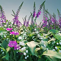 Vibrant Garden Flowers Purple Foxglove White Lily of the Valley Tall Stems Green Leaves Sunlit