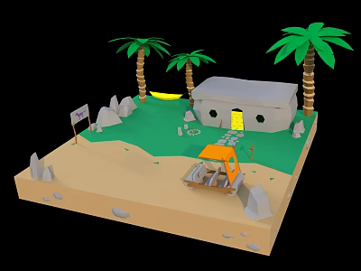 3D Beach Scene With Palm Trees Stone House Yellow Car And Rocks 3d model