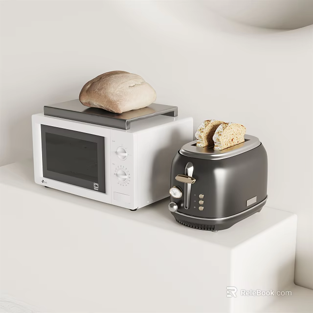 Modern Kitchen Appliances On White Counter With White Microwave Black Toaster And Bread 3d model 