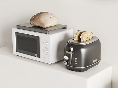 Modern Kitchen Appliances On White Counter With White Microwave Black Toaster And Bread 3d model