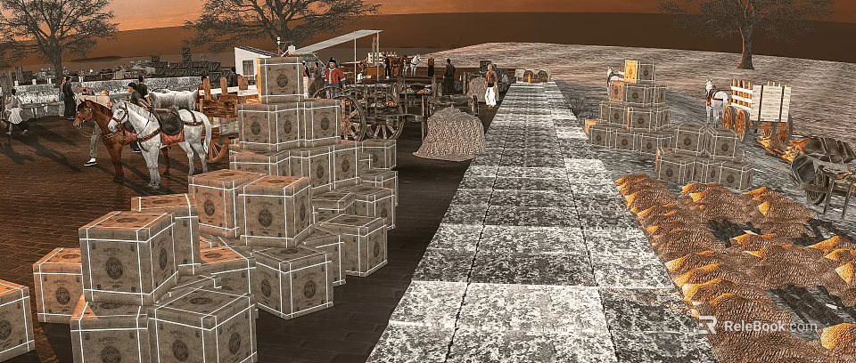 Scenic Historical Landscape With Stone Paved Path Stacked Crates And Horse Drawn Carts 3d model 