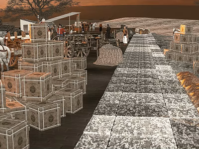 Scenic Historical Landscape With Stone Paved Path Stacked Crates And Horse Drawn Carts 3d model