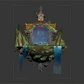 Cartoon Scene of Floating Island With Cottage Waterfalls Pine Trees And Blue Glowing Portal