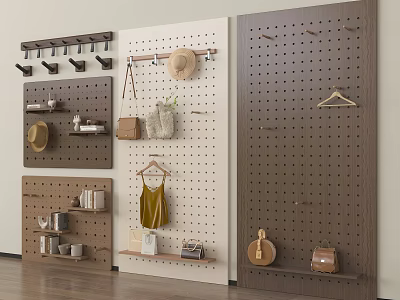 Wooden Pegboard Storage System With Hooks Shelves And Hanging Storage Items For Home Organization 3d model