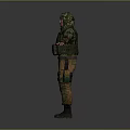 Man Standing In Camouflage Uniform With Hooded Green Vest Brown Pants Arms Outstretched Gray Background