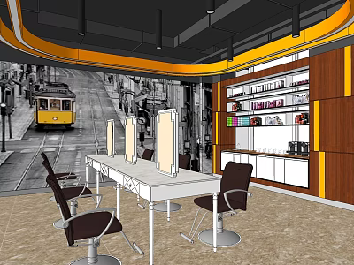 Modern Beauty Hair Salon Interior With White Worktable Black Chairs Wooden Cabinets And Vintage Tram Mural 3d model