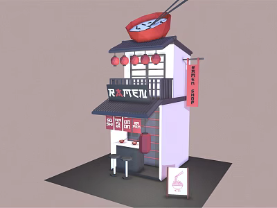 Traditional Japanese Ramen Shop Exterior With Large Bowl Chopsticks Red Lanterns And Tables 3d model