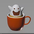 Cute White Smiling Ghost In Red Cup With Happy Face And Yellow Drink