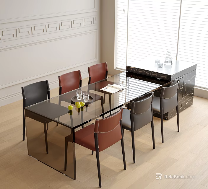 Modern Dining Table With Glass Top And Black Red Gray Chairs In Stylish Room 3d model 