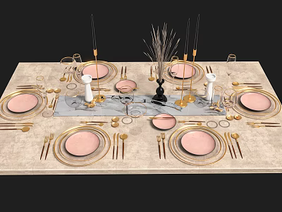 Elegant Dinnerware Set with Pink Plates Golden Cutlery White Candles Black Vase on Marble Tabletop 3d model